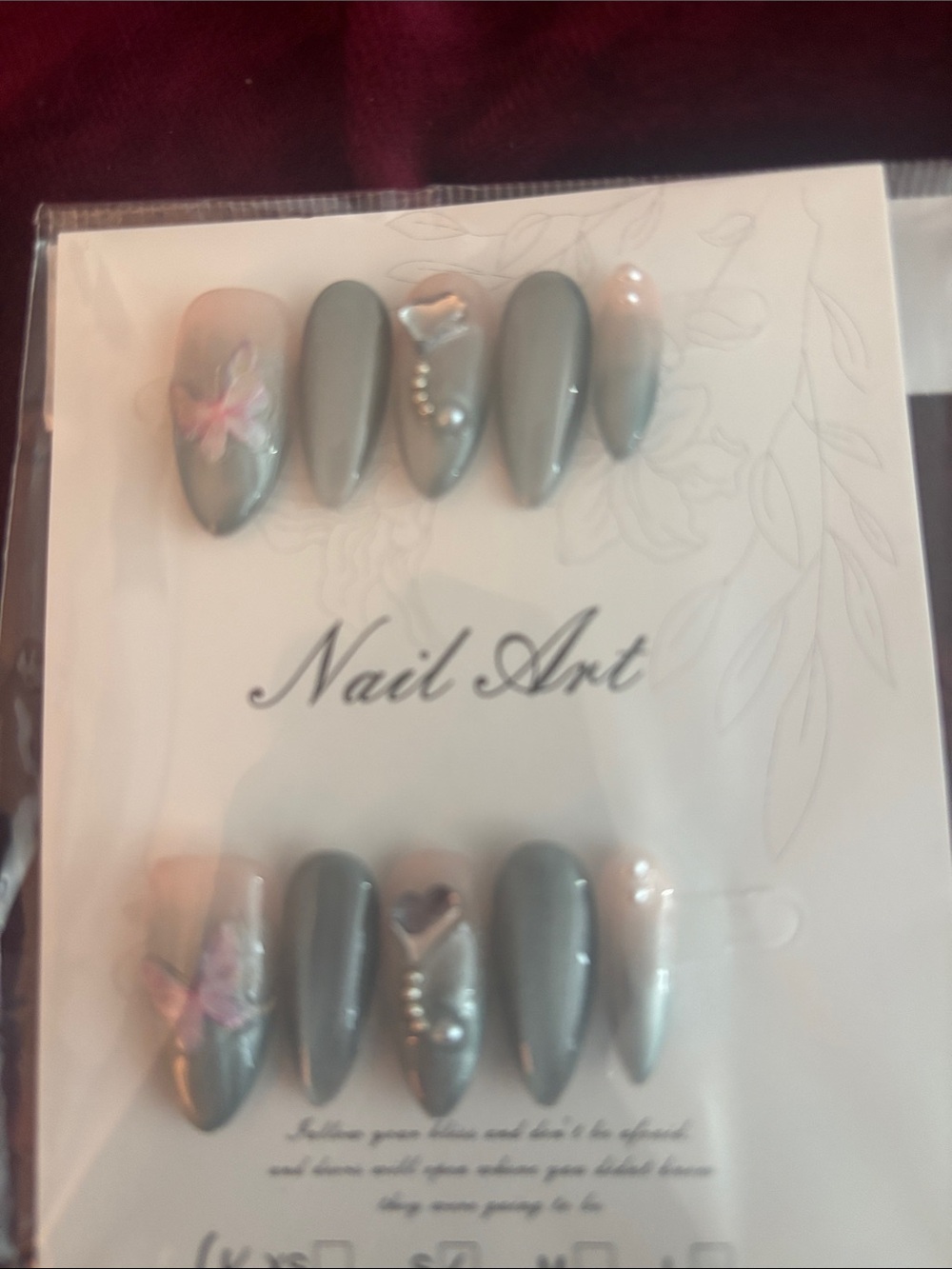 Gray Almond Press-On Nails with Pink Floral Accent